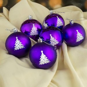 Набор шаров пластик d-8 см 6 шт Елочка фиолет        