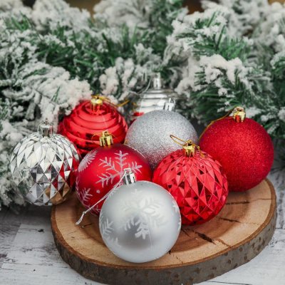 Набор шаров пластик d-7 см 16 шт Серпантин серебро-красный        