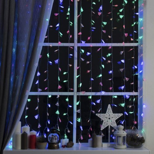 ЗАНАВЕС, УМС вилка "Елки и снежинки" Ш:2 м, В:1,5 м, Н.С. LED-360-220V, 8 режимов, МУЛЬТИ    3584226С