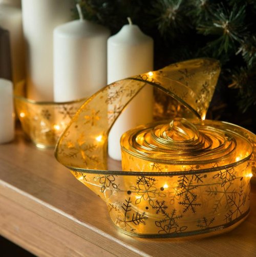 НИТЬ Лента "Снежинки золотистые" 10 м, ширина 6 см, LED(роса)-100-USB, фиксинг, ЖЕЛТЫЙ    3612323С