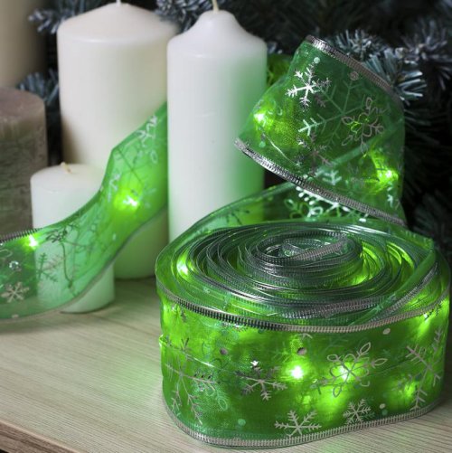 НИТЬ Лента "Снежинки серебристые" 10 м, ширина 6 см, LED(роса)-100-USB, фиксинг, ЗЕЛЕНЫЙ    3612324С