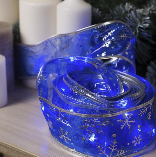 НИТЬ Лента "Снежинки серебристые" 10 м, ширина 6 см, LED(роса)-100-USB, фиксинг, СИНИЙ    3612321С