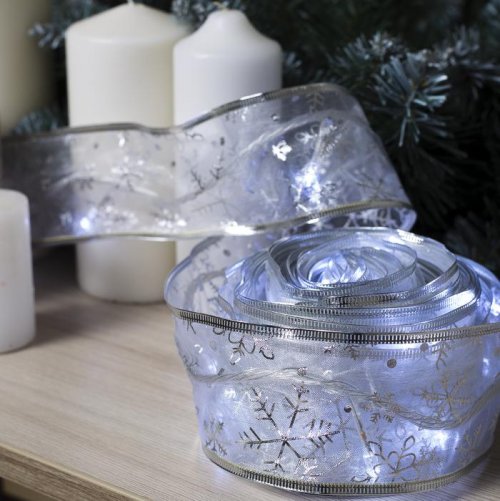 НИТЬ Лента "Снежинки серебристые" 9 м, ширина 6 см, LED-72-220V, кон. 8 р. БЕЛЫЙ  2291977С