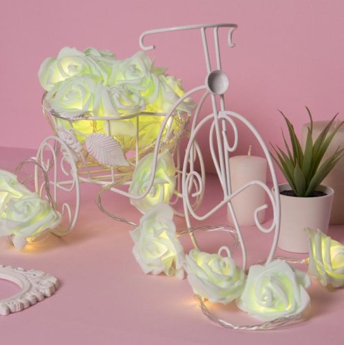 НИТЬ с насадками 5 м "Розы зеленые" 7 см, Н. С. УМС вилка, 20 LED-220V, фиксинг,ТЕПЛЫЙ БЕЛЫЙ  3612369С