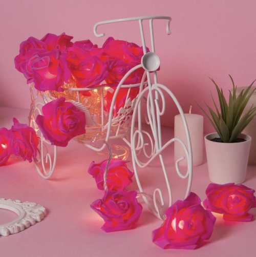 НИТЬ с насадками 5 м "Розы розовые" 7 см, Н. С. УМС вилка, 20 LED-220V, фиксинг,ТЕПЛЫЙ БЕЛЫЙ  3612372С