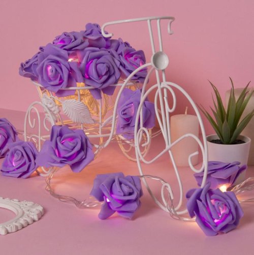 НИТЬ с насадками 5 м "Розы фиолетовые" 7 см, Н. С. УМС вилка, 20 LED-220V, фикс,ТЕПЛЫЙ БЕЛЫЙ  3612373С