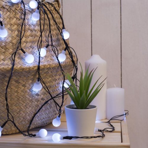 НИТЬ, 5м. с насад. “Шарики Белые”, Н.Т. LED-30-220V, 8 режимов, БЕЛЫЙ       3590706С