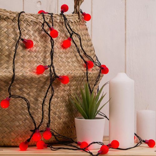 НИТЬ, 5м. с насад. “Шарики Красные”, Н.Т. LED-30-220V, 8 режимов, КРАСНЫЙ       3590711С