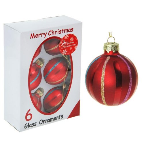 Новогодние шары Разноцветные полоски красные (набор 6 шт.)           1399820