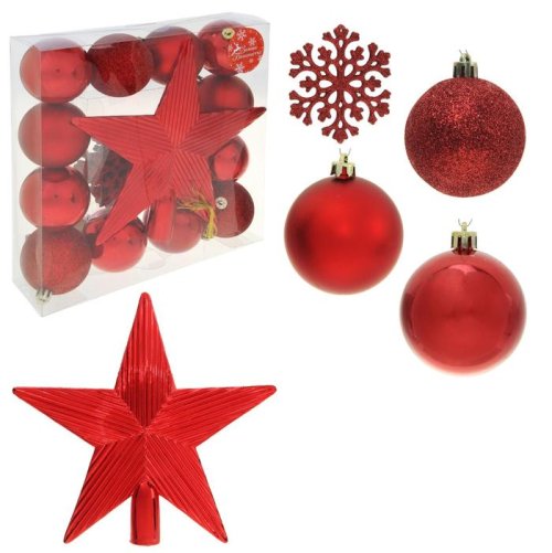 Ёлочные украшения Красное ассорти со снежинками и звездой (набор 17 шт.)            1346692