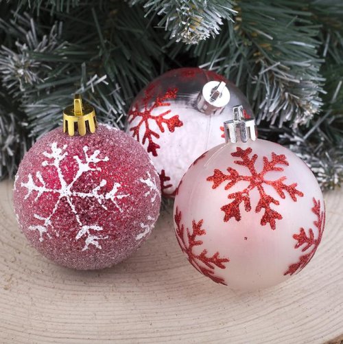 Набор шаров пластик d-5,5 см 6 шт Иллюзия снежинка бело-красный        3259911