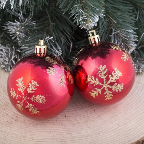 Набор шаров пластик d-6,5 см 6 шт Снежинка глянец красный         3259900