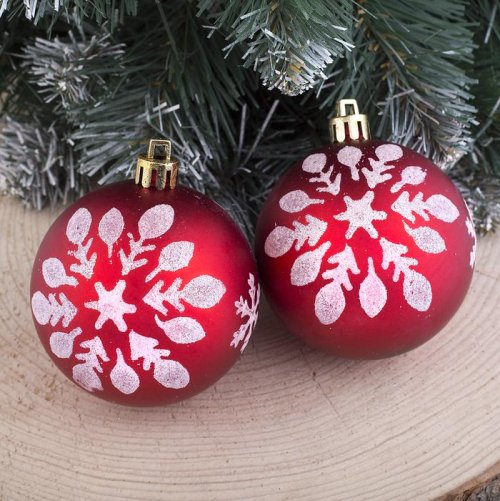 Набор шаров пластик d-6,5 см 6 шт Снежинка матовая красный          3259901