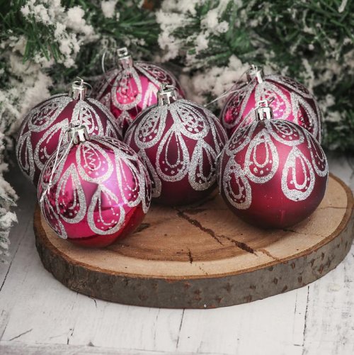 Набор шаров пластик d-7 см 6 шт  Капелька бордо         3249233