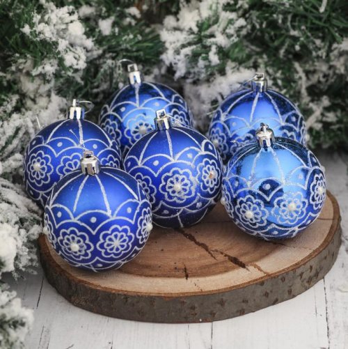 Набор шаров пластик d-7 см 6 шт  Цветочная россыпь синий         3249238