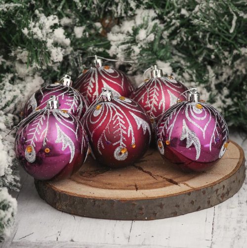 Набор шаров пластик d-7 см 6 шт Волшебное перо бордо         3249232