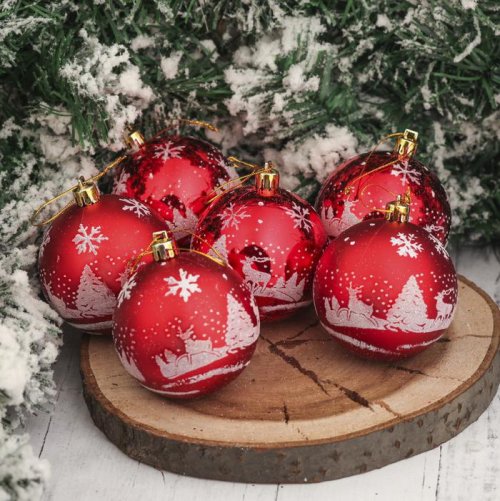 Набор шаров пластик d-7 см 6 шт Зимний лес красный         3249235