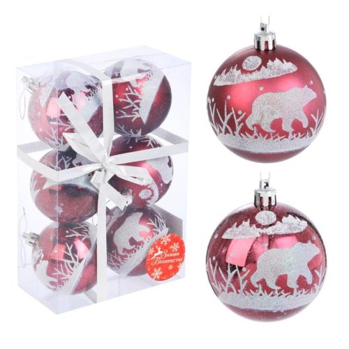 Новогодние шары Северный мишка (набор 6 шт.), бордовые           2122946