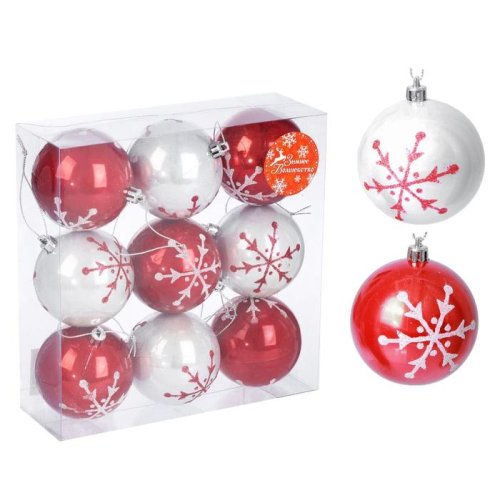 Набор шаров пластик d-7 см 9 шт Леда бело красный        2137201