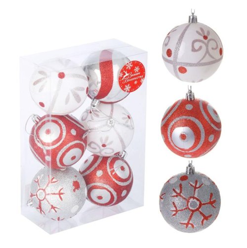 Набор шаров пластик d-8 см (набор 6 шт) рисунки бело красный       2122875