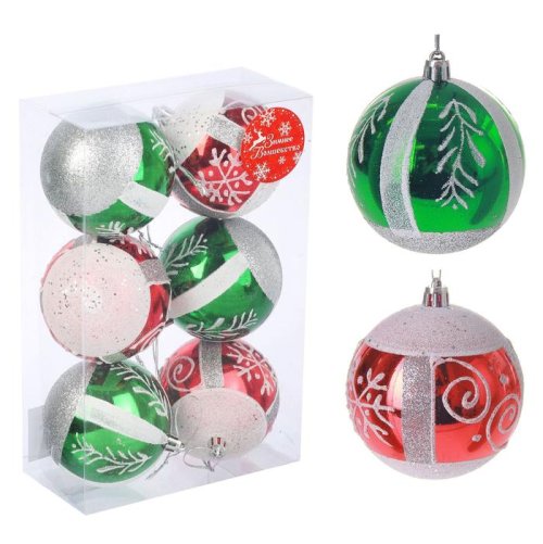 Набор шаров пластик d-8 см (набор 6 шт) снежинка блеск красно зеленый      2122874