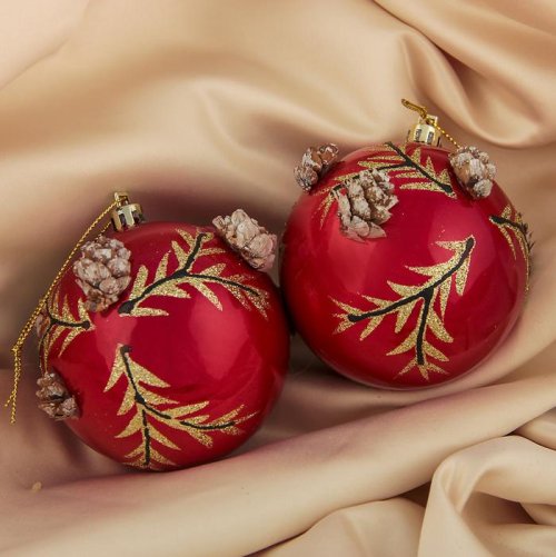 Набор шаров пластик d-8 см 2 шт веточка с шишками        3259866