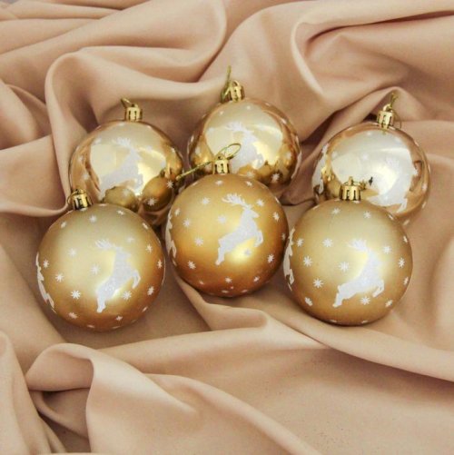 Набор шаров пластик d-8 см 6 шт Волшебный олень золото         3259775