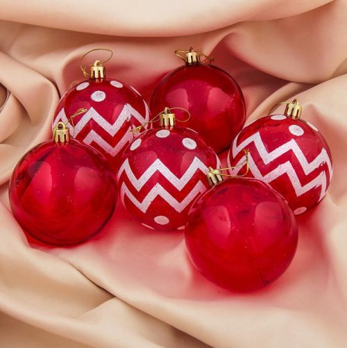 Набор шаров пластик d-8 см 6 шт Зиг заг красный         3259759