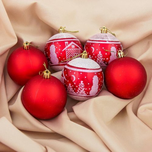 Набор шаров пластик d-8 см 6 шт Зимний домик красный         3259739