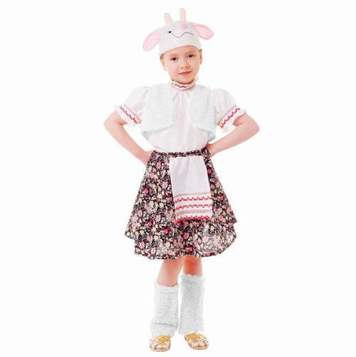 Карнавальный костюм "Овечка", блузка, юбка с фартуком, меховой жилет, шапка, гетры, р-р 60, рост 110-116 см 1422586