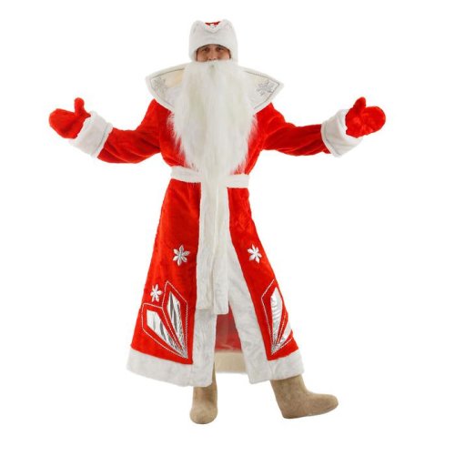 Карнавальный костюм "Дед Мороз", шуба с узорами из парчи, пояс, шапка, варежки, борода, р-р 52-54, рост 180 см 1577034