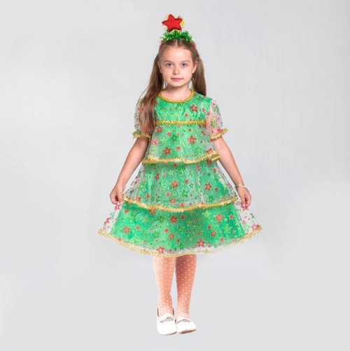 Карнавальный костюм "Ёлочка в звёздах", органза, платье, ободок, р-р 28, рост 98-104 см 3823425