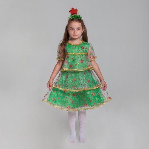 Карнавальный костюм "Ёлочка в звёздах", органза, платье, ободок, р-р 30, рост 110-116 см 3823426